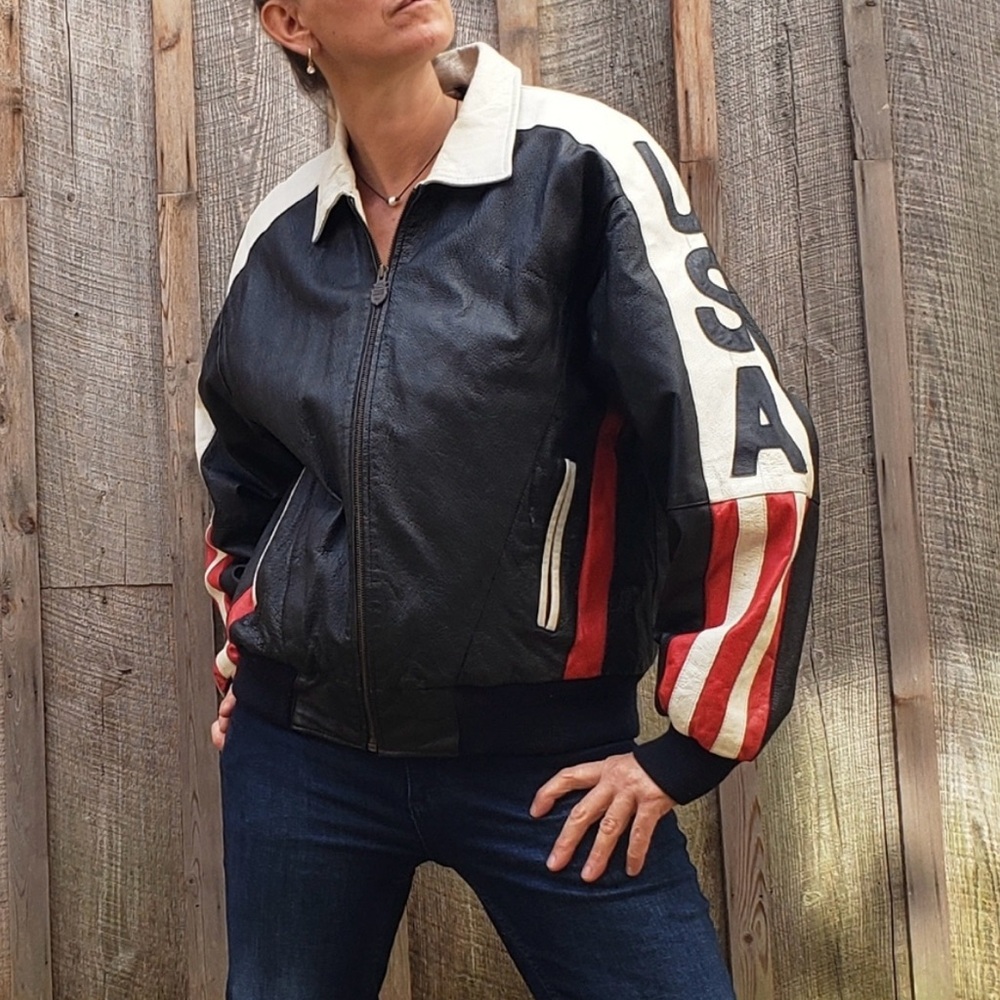 Genuine Leather vintage western bomber USA flag jacket NWT - Picture 8 of 12